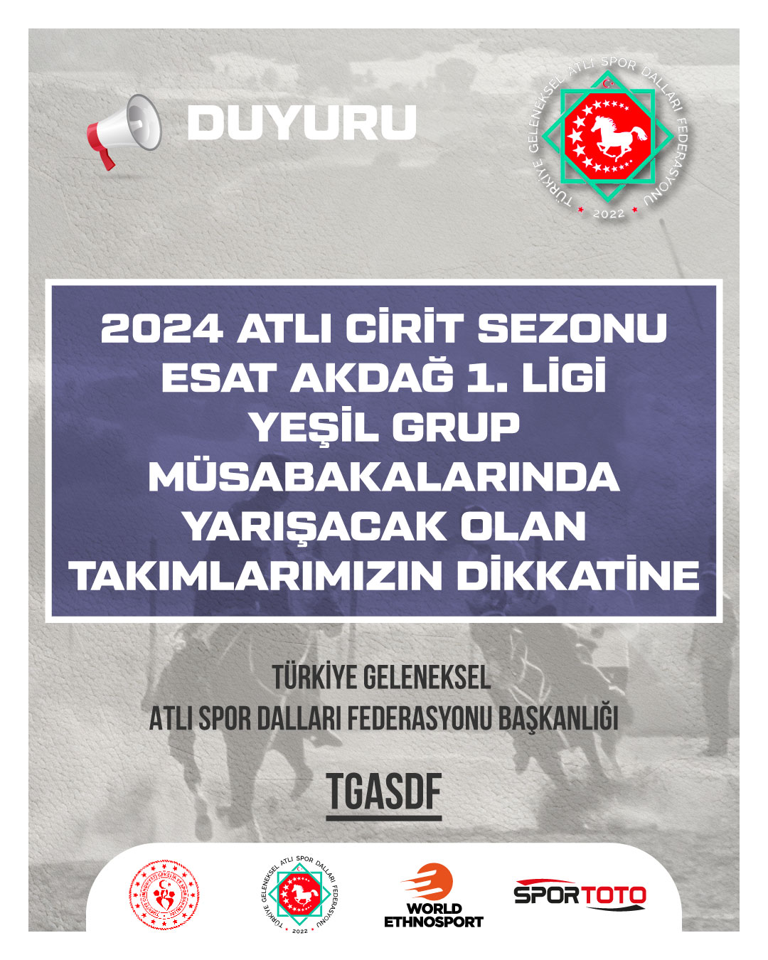 ATLI CİRİT 2024 SEZONU ESAT AKDAĞ 1.LİGİ YEŞİL GRUP MÜSABAKALARINDA YARIŞACAK OLAN TAKIMLARIMIZIN DİKKATİNE